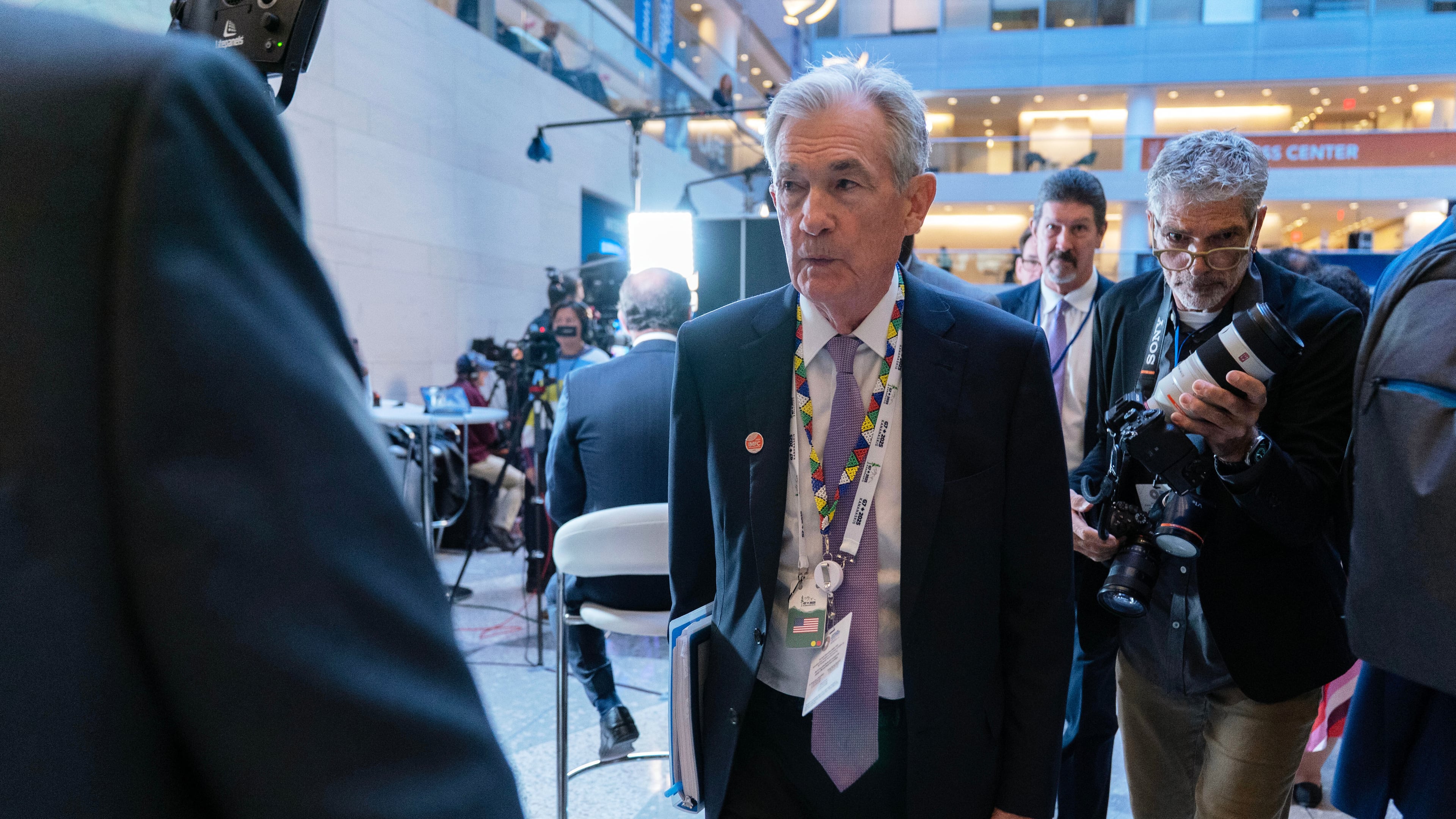 Federal Reserve Board Chairman Jerome Powell walks to a meeting during the World Bank/IMF Annual Meetings at the International Monetary Fund (IMF) headquarters in Washington, Thursday, Oct. 16, 2025. (AP Photo/Jose Luis Magana)