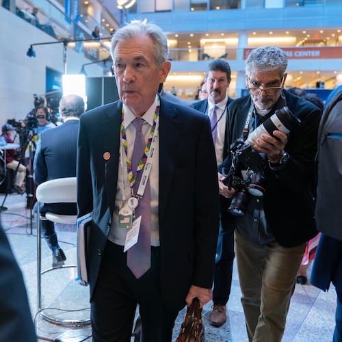 Federal Reserve Board Chairman Jerome Powell walks to a meeting during the World Bank/IMF Annual Meetings at the International Monetary Fund (IMF) headquarters in Washington, Thursday, Oct. 16, 2025. (AP Photo/Jose Luis Magana)