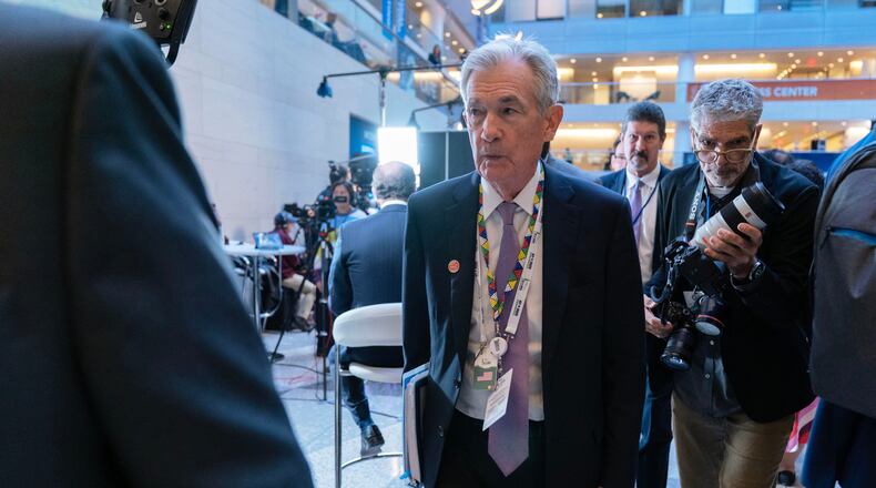 Federal Reserve Board Chairman Jerome Powell walks to a meeting during the World Bank/IMF Annual Meetings at the International Monetary Fund (IMF) headquarters in Washington, Thursday, Oct. 16, 2025. (AP Photo/Jose Luis Magana)