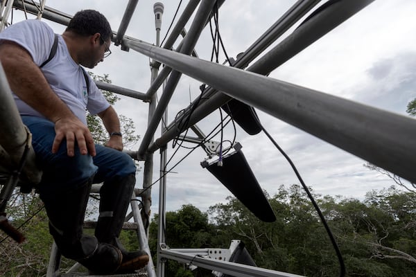 Joao de Athaydes, who is a meteorologist, looks at the humidity radars on a tower at the Esecaflor project in the Caxiuana National Forest, Para state, Brazil, Thursday, March 20, 2025. (AP Photo/Jorge Saenz)