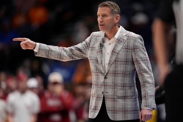 Alabama head coach Nate Oats watches play against Florida during the first half of an NCAA college basketball game in the semifinal round of the Southeastern Conference tournament, Saturday, March 15, 2025, in Nashville, Tenn. (AP Photo/George Walker IV)