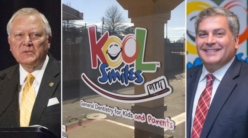 Gov. Nathan Deal, left, appointed Dale G. Mayfiled, right, a corporate executive of Marietta-based Kool Smiles, to Georgia’s Board of Dentistry in February 2016. (Reann Huber/Reann.Huber@ajc.com; Johnny Edwards/jredwards@ajc.com; Kool Smiles website)