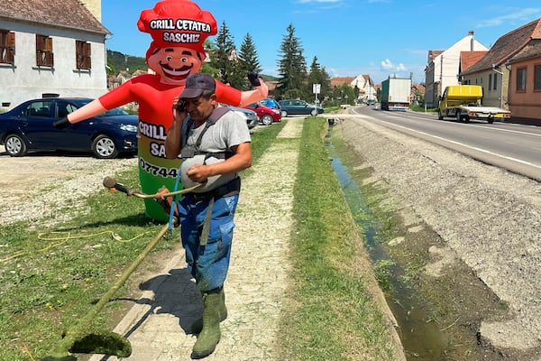 A man cuts grass in the village of Saschiz, in Romania's central Transylvania region, Friday, April 25, 2025. (AP Photo/Stephen McGrath)