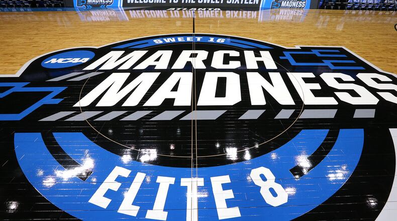 The Philips Arena court announces the arrival of March Madness at the arena.