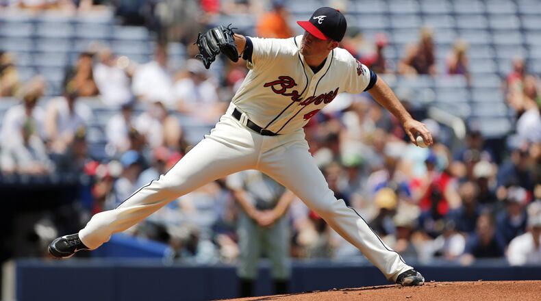 Braves starting pitcher Alex Wood threw a strong game until the fifth inning against Pittsburgh Pirates on Sunday, June 7, 2015, at Turner Field and then was ejected for arguing balls and strikes after giving up three runs in that inning. (AP Photo/John Bazemore)