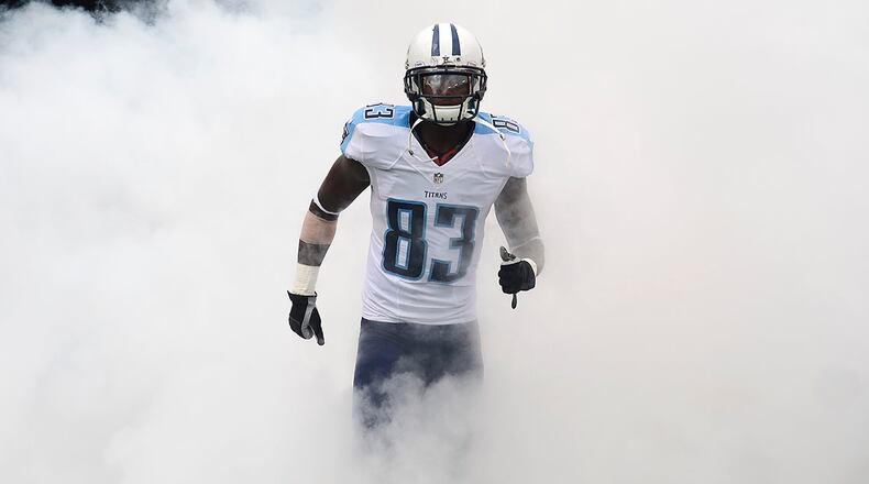 Tennessee Titans wide receiver Harry Douglas is introduced before a game on Sept. 27, 2015, in Nashville, Tenn. (AP Photo/Mark Zaleski)