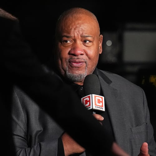 FILE - Chicago Bulls television announcer Stacey King attends the first half of an NBA basketball game, Nov. 17, 2025, in Denver. (AP Photo/David Zalubowski, File)