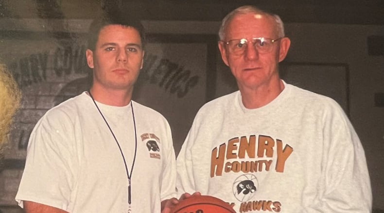 Chuck Miller (right) died Feb. 16, 2023, at age 79. The basketball coach won 865 games and retired in 2010 as Henry County High's athletic director. His son, Curt Miller (left), followed his father's career path as a basketball coach and athletic director. (Photo courtesy of Curt Miller)