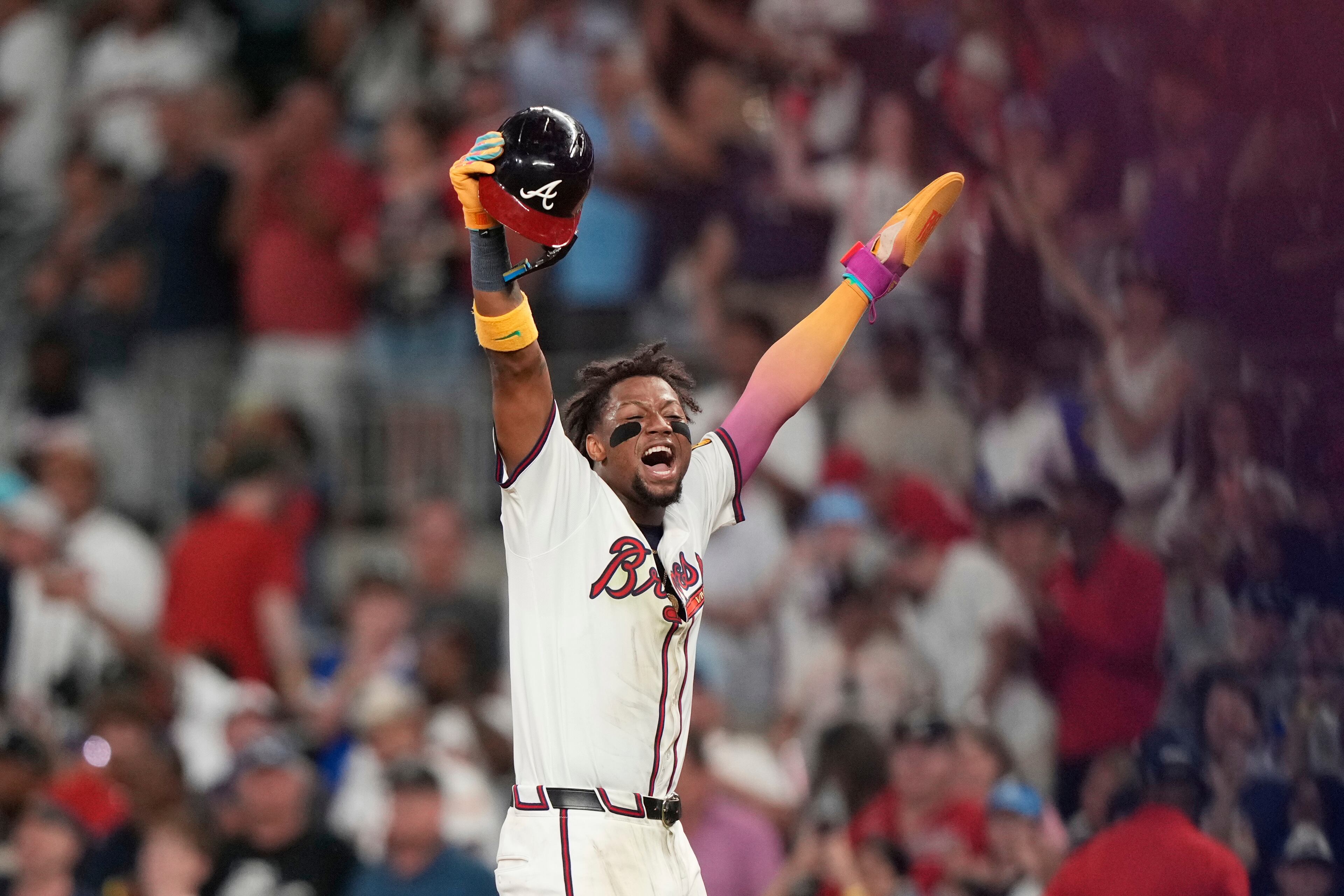 The Braves' Ronald Acuña Jr. celebrates a win against the New York Mets on Tuesday, June 17, 2025, in Atlanta. (Brynn Anderson/AP)