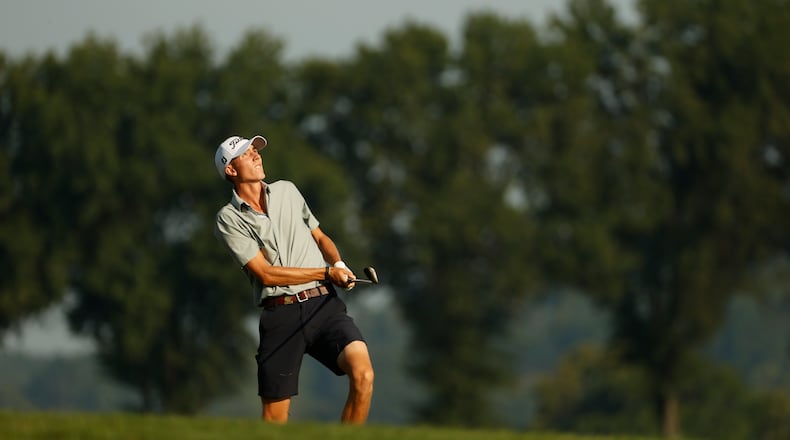 Ross Steelman follows his approach shot on the first hole during of his Round of 16 match at the 2021 U.S. Amateur at Oakmont Country Club in Oakmont, Pa. (Chris Keane/USGA)