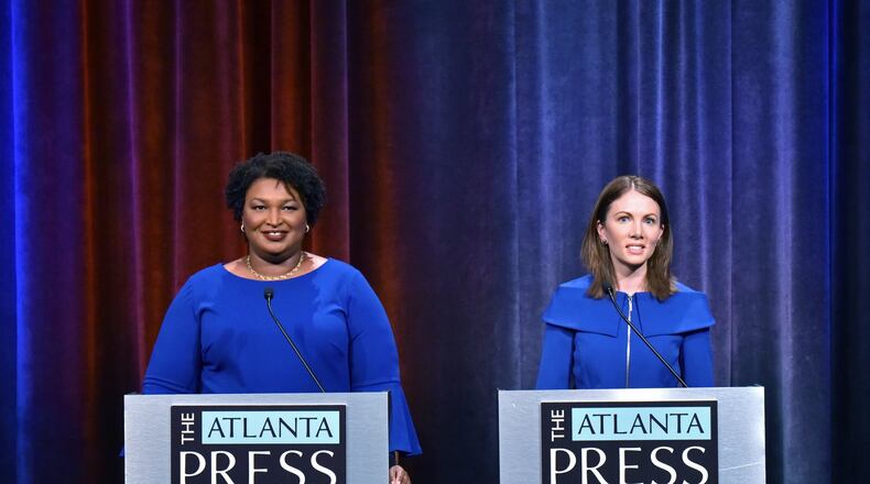 Democrats Stacey Abrams, left, and Stacey Evans are shaping much of their campaigns for governor to appeal to black voters, who make up the biggest share of the party’s voters. An internal memo from the Abrams campaign predicts that 65 percent of the voters in Tuesday’s Democratic primary will be black. HYOSUB SHIN / HSHIN@AJC.COM