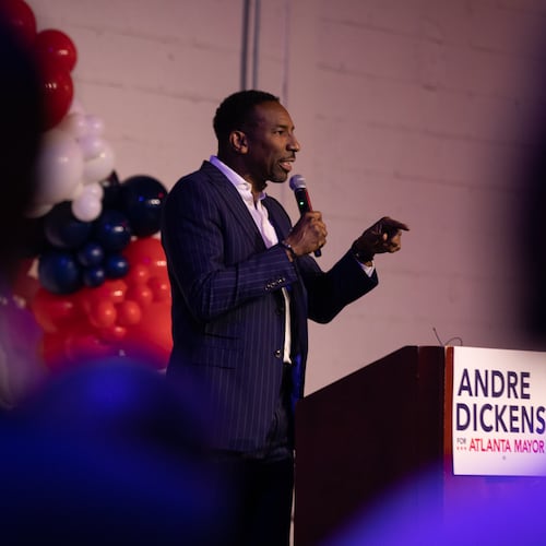 Atlanta Mayor Andre Dickens speaks at his reelection launch party held at Monday Night Brewing in the historic West End on March 11, 2025. (Riley Bunch/AJC)