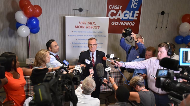 July 24, 2018 - Lt. Gov. Casey Cagle speaks to members of the press before his election night watch party at Atlanta Marriott Century Center on Tuesday, July 24, 2018. Republican Party voters can choose among the party's two finalists for governor, Lt. Gov. Casey Cagle and Secretary of State Brian Kemp. The winner will advance to the Nov. 6 general election against Democrat Stacey Abrams. HYOSUB SHIN / HSHIN@AJC.COM