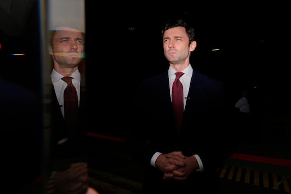 Sen. Jon Ossoff, D-Ga., speaks during an interview at Dobbins Air Reserve Base, Saturday, April 26, 2025, in Marietta, Ga. (AP Photo/Brynn Anderson)