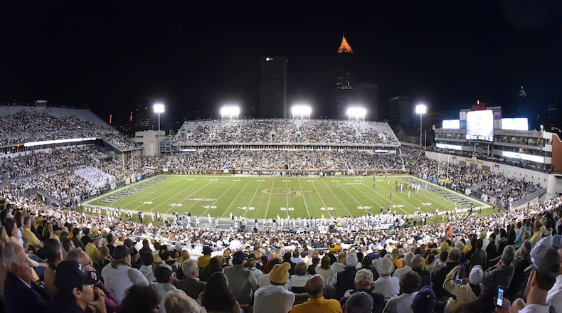 October 21, 2017 Atlanta - Georgia Tech fans cheer for their team during an NCAA college football game against the Wake Forest at Bobby Dodd Stadium on Saturday, October 21, 2017. Georgia Tech beat Wake Forest 38-24. HYOSUB SHIN / HSHIN@AJC.COM