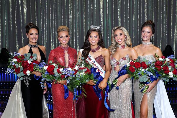 (From left): Megan Wright, Aleks Arwood, Sophia Wootten, Anna Kate Robinson and Kaitlyn Tanner are the Miss Georgia top five at the Miss Georgia Scholarship Competition on June 20, 2026 at RiverCenter for the Performing Arts in Columbus. (Courtesy of Sheldon Smith Photography).
