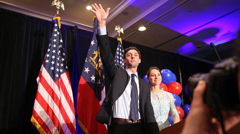 June 20, 2017 - Atlanta, Ga: Sixth district congressional candidate Jon Ossoff with his fiance Alisha Kramer waves goodbye to the crowd during the Jon Ossoff election night party at the Westin Atlanta Perimeter Hotel Tuesday, June 20, 2017, in Atlanta. This is the election coverage of the sixth district congressional runoff between Jon Ossoff and Karen Handel. PHOTO / JASON GETZ