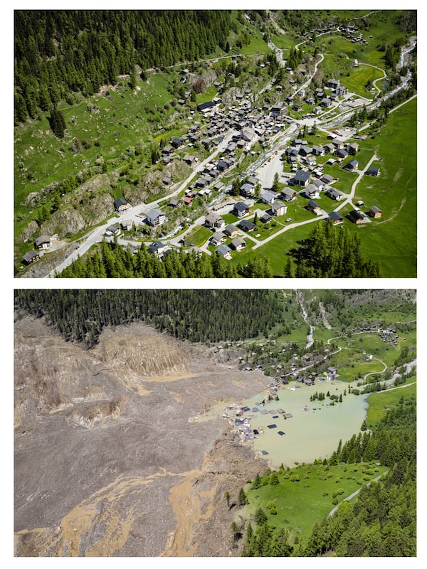 This combo shows the village of Blatten photographed on Friday, May 23, 2025 at the top and the village of Blatten one day after a massive avalanche, triggered by the collapse of the Birch Glacier, at the bottom, showing the destruction it caused as it swept down to the valley floor and demolished the village of Blatten, Switzerland, Thursday, May 29, 2025. (Jean-Christophe Bott/Keystone via AP)