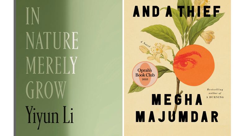 This combination of cover images shows "Things in Nature Merely Grow," left, and "A Guardian and a Thief" by Megha Majumdar. (Farrar, Straus and Giroux/Knopf via AP)