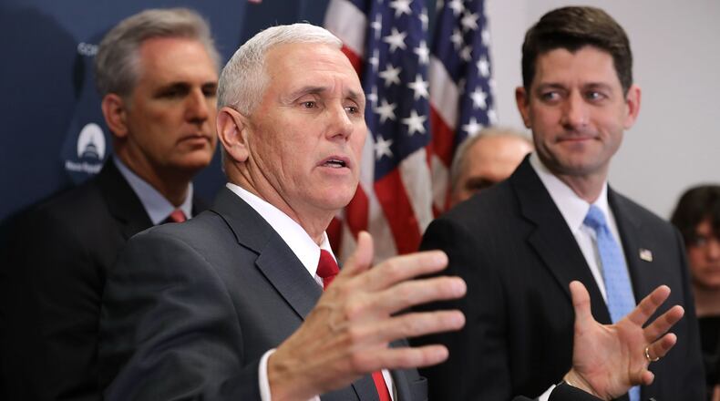 WASHINGTON, DC - JANUARY 04: U.S. Vice President-elect Mike Pence (2nd L) joins House GOP Majority Leader Kevin McCarthy (R-CA) (L) and Speaker of the House Paul Ryan (R-WI) for a news conference following a House Republican conference meeting at the U.S. Capitol January 4, 2017 in Washington, DC. Pence met with GOP members to talk about a plan for repealing and replacing Obamacare. (Photo by Chip Somodevilla/Getty Images)