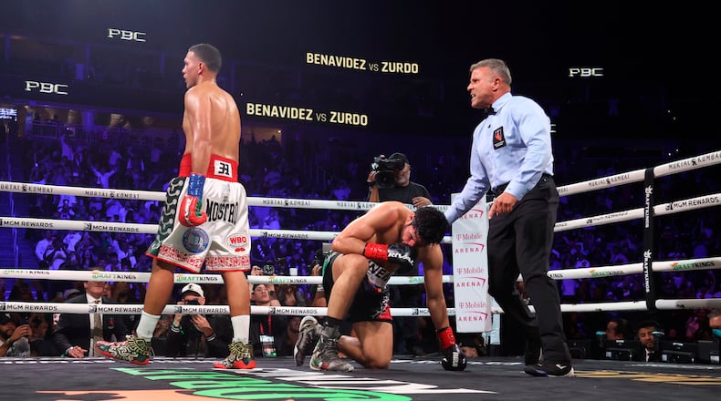 David Benavidez reacts after knocking down Gilberto Ramirez in a cruiserweight championship boxing match Saturday, May 2, 2026, in Las Vegas. (AP Photo/Ian Maule)