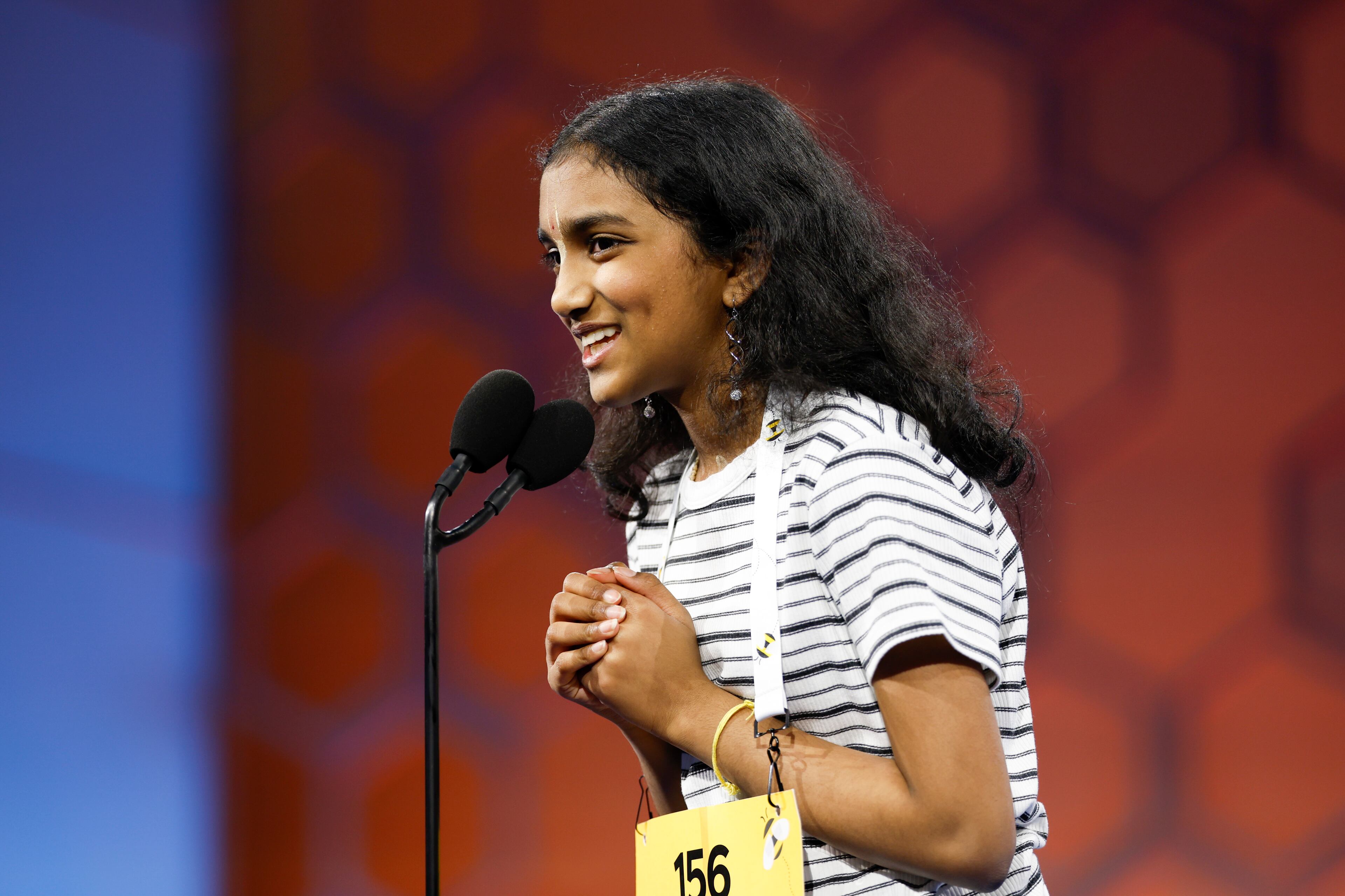 Aishwarya Kallakuri, 14, of Charlotte, N.C., competes in the finals of the Scripps National Spelling Bee in National Harbor, Md., on Thursday, May 29, 2025. (Ting Shen/The New York Times)