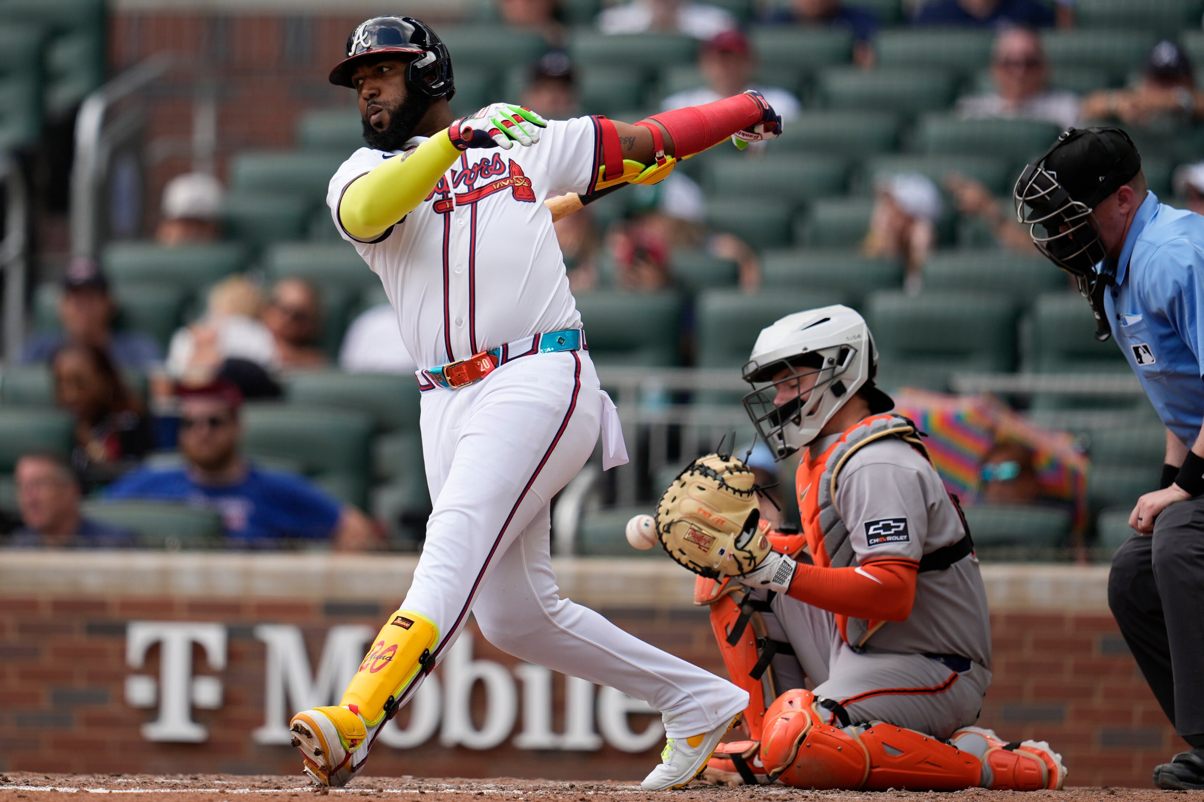 Braves designated hitter Marcell Ozuna takes a swing (and a miss) against the Giants.
