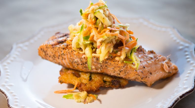 Bogartz Food Artz Hot Smoked Salmon with sweet and savory dry rub, goat cheese potato latke and sweet and sour slaw. Photo credit- Mia Yakel.