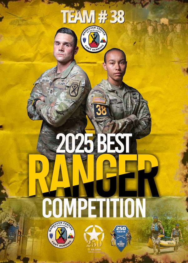 This photo illustration provided by the U.S. Army shows Capt. Seth Deltenre, left, and 1st Lt. Gabrielle White, from the Maneuver Center of Excellence in Fort Benning, Ga., winners of the 2025 Best Ranger Competition. (Patrick A. Albright/U.S. Army via AP)