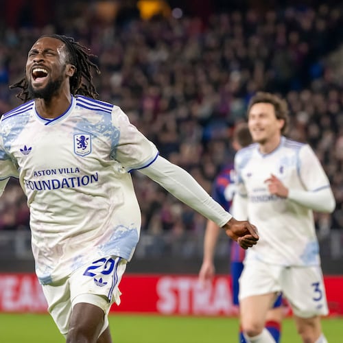 Villa's Eyann Guessand, front, celebrates after scoring the opening goal during the Europa League opening phase soccer match between FC Basel 1893 and Aston Villa in Basel, Switzerland, Thursday, Dec. 11, 2025. (Georgios Kefalas/Keystone via AP)