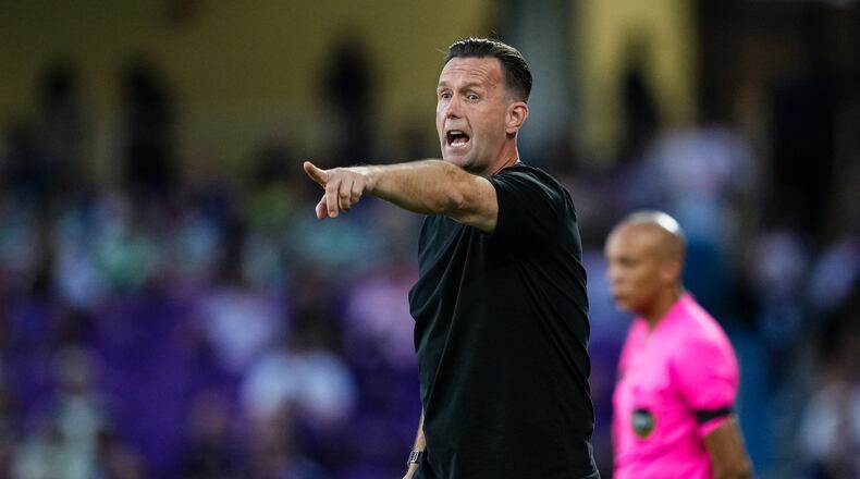 United head coach Ronny Deila gives his team direction during their match against the Orlando City at Inter&Co Stadium in Orlando, Fla., on Saturday, April 26, 2025. (Mitch Martin/Atlanta United)
