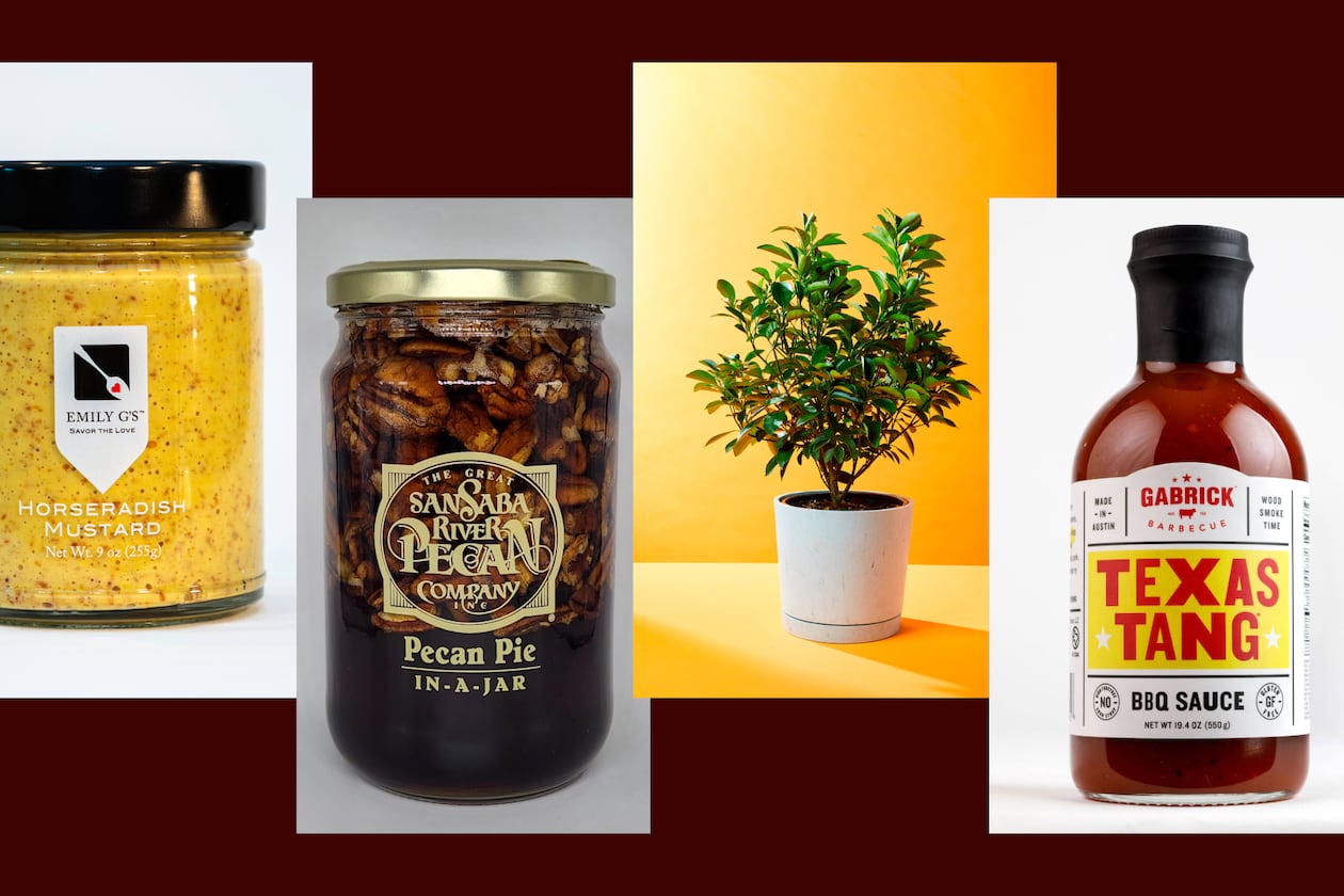 Try horseradish mustard from Emily G’s, pecan pie filling from the Great San Saba River Pecan Co., a Kumquat tree and Gabrick's Texas Tang barbecue sauce. (Photo credits, from left: Courtesy of Pete Massey, the Great San Saba River Pecan Co., Wedig + Lawton and Gavin Peters/Gabrick Barbecue)