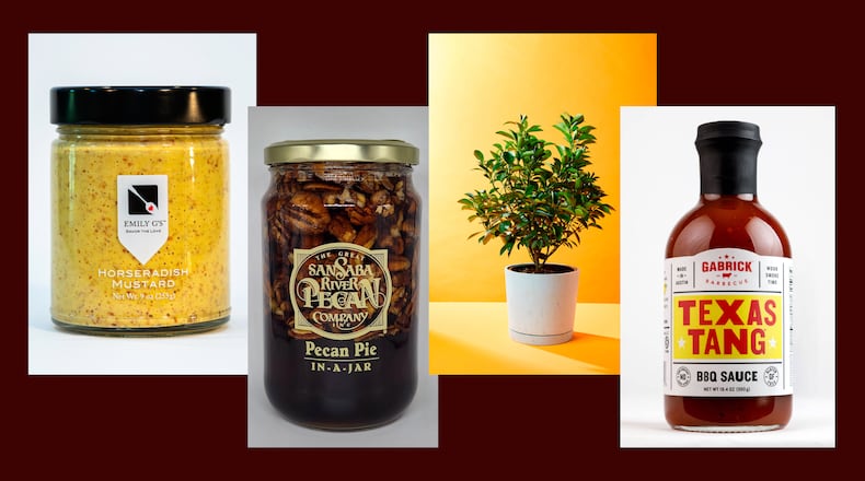 Try horseradish mustard from Emily G’s, pecan pie filling from the Great San Saba River Pecan Co., a Kumquat tree and Gabrick's Texas Tang barbecue sauce. (Photo credits, from left: Courtesy of Pete Massey, the Great San Saba River Pecan Co., Wedig + Lawton and Gavin Peters/Gabrick Barbecue)