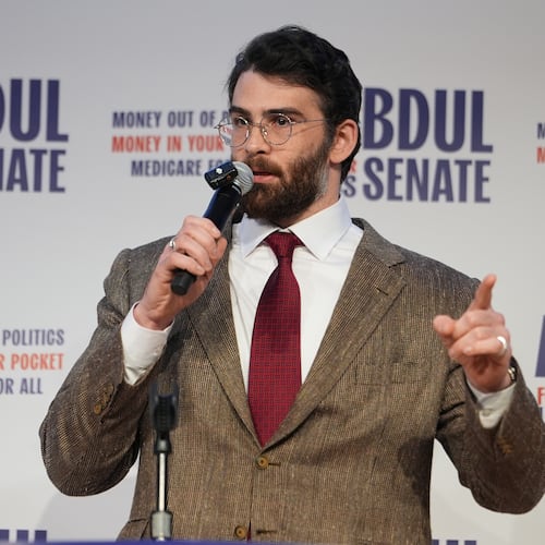 FILE - Hasan Piker speaks at a campaign rally for Abdul El-Sayed, a progressive candidate in the Democratic primary for U.S. Senate in Michigan, April 7, 2026, at the University of Michigan in Ann Arbor, Mich. (AP Photo/Julia Demaree Nikhinson, file)