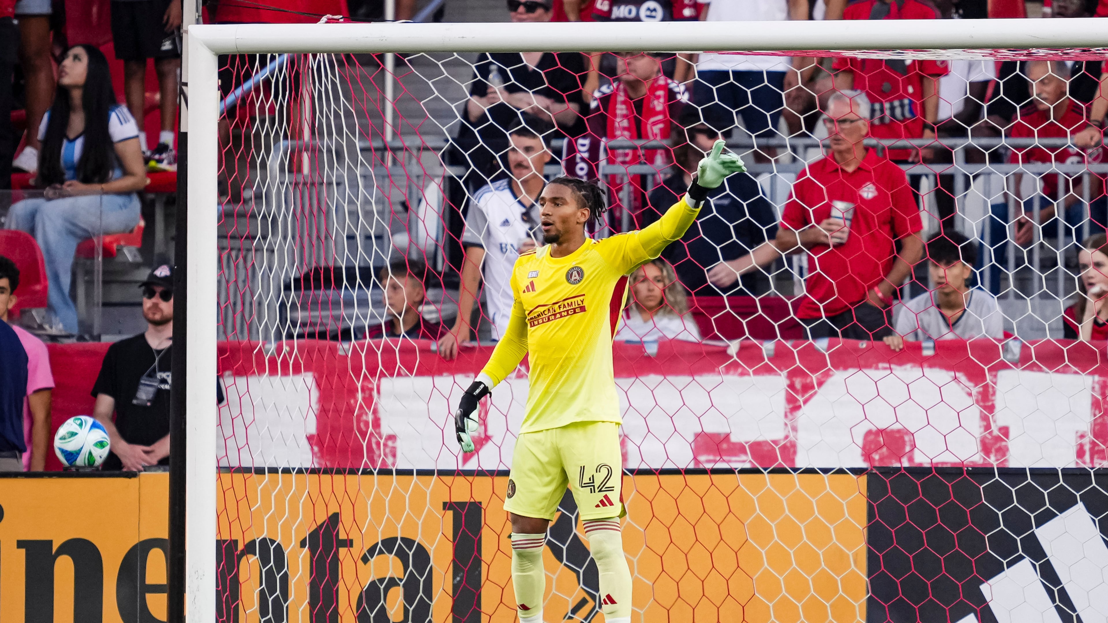 Atlanta United goalkeeper Jayden Hibbert gestures during the match against Toronto FC at BMO Field in Toronto, on Saturday July 12, 2025. (Mitch Martin/Courtesy of Atlanta United)