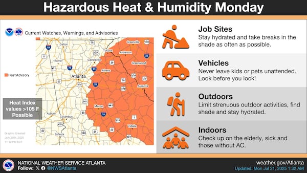 Much of east and central Georgia is under a heat advisory Monday, according to the National Weather Service. (Courtesy of National Weather Service)