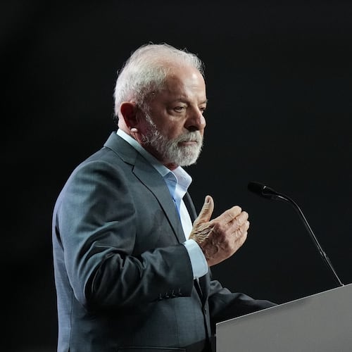 Brazil President Luiz Inacio Lula da Silva speaks during a plenary session at the COP30 U.N. Climate Summit, Monday, Nov. 10, 2025, in Belem, Brazil. (AP Photo/Fernando Llano)