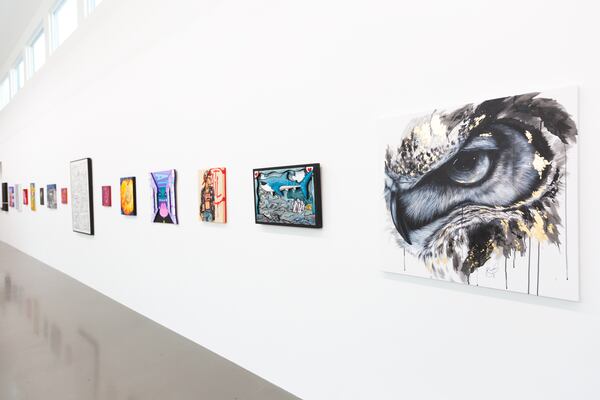 Ash Rader’s work "Vantage" (2006), pictured far right, presents an intimate close-up of a great horned owl. (Courtesy of ABV Gallery)