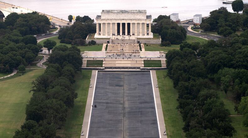 The Lincoln Memorial Reflecting Pool is seen from the Washington Monument, Friday, July 31, 2026, in Washington. (AP Photo/Mark Schiefelbein)