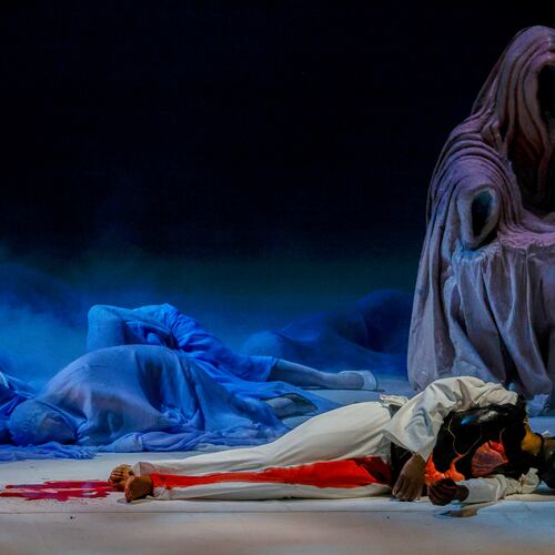 Actors perform during the general rehearsal of Ennio Morricone's only opera, Partenope, at the San Carlo Theatre, in Naples, Italy, Thursday, Dec. 11, 2025. (AP Photo/Salvatore Laporta)