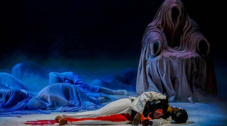 Actors perform during the general rehearsal of Ennio Morricone's only opera, Partenope, at the San Carlo Theatre, in Naples, Italy, Thursday, Dec. 11, 2025. (AP Photo/Salvatore Laporta)