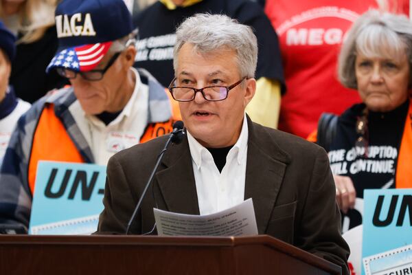 Co-founder of GeorgiansForTruth.org Field Searcy speaks at a press conference advocating for paper ballots at the Capitol in Atlanta on Tuesday, Jan. 20, 2026. The vocal group of activists wants the state to switch to hand-marked paper ballots. (Abbey Cutrer/AJC)