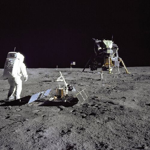 FILE- In this image released by NASA, Astronaut Edwin E. Aldrin Jr., a lunar module pilot, stands on the lunar surface after the Apollo 11 moon landing on July 20, 1969. The Lunar Module is seen in the background. (NASA via AP, File)