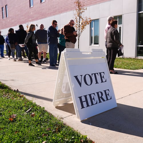 FILE - Voters wait in line to cast there ballot at a polling place at Rowan College in Mt Laurel, N.J., Oct. 27, 2025. (AP Photo/Matt Rourke, File)