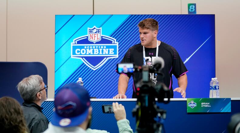INDIANAPOLIS, IN - MARCH 01: Pittsburgh offensive lineman Brian O'Neill speaks to the media during NFL Combine press conferences at the Indiana Convention Center on March 1, 2018 in Indianapolis, Indiana. (Photo by Joe Robbins/Getty Images)