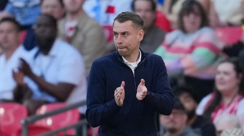 FILE - Southampton's coach Tonda Eckert reacts during the FA Cup semifinal soccer match between Manchester City and Southampton in Manchester, England, Saturday, April 25, 2026. (AP Photo/Kin Cheung, File(