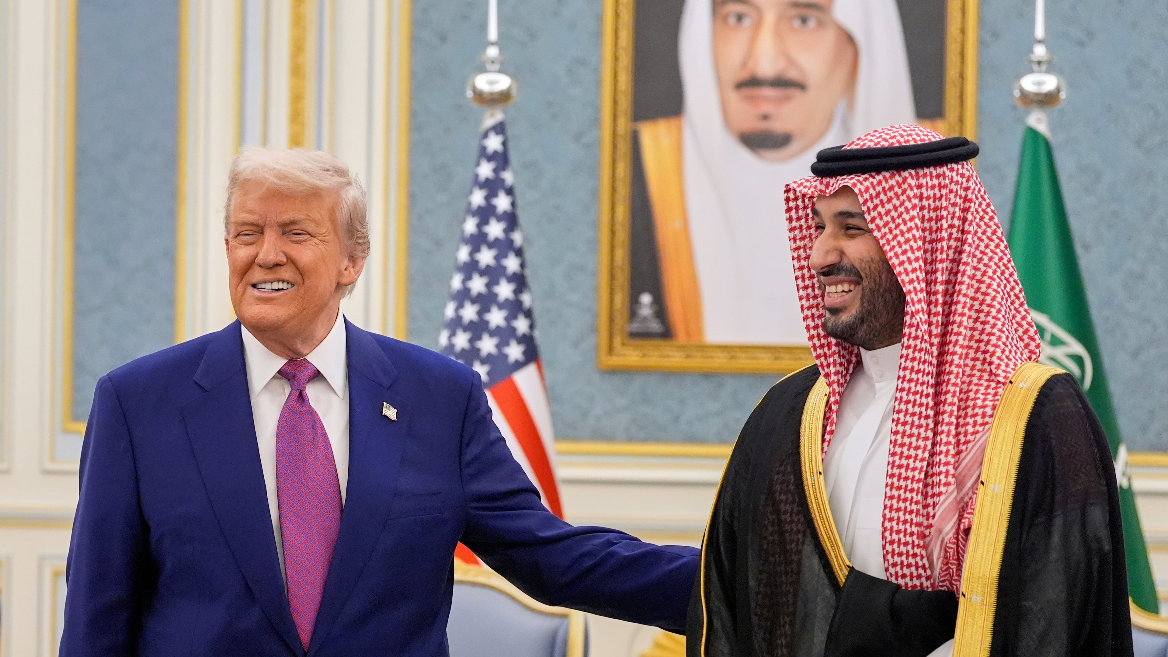 FILE - President Donald Trump and Saudi Crown Prince Mohammed bin Salman meet at the Royal Palace in Riyadh, Saudi Arabia, May 13, 2025. (AP Photo/Alex Brandon, File)