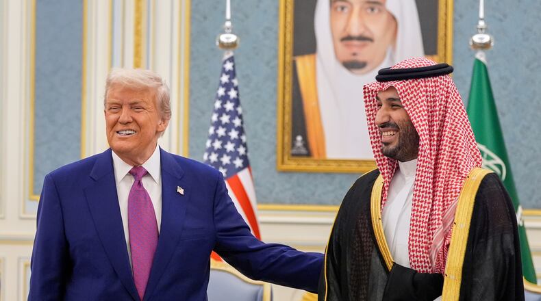 FILE - President Donald Trump and Saudi Crown Prince Mohammed bin Salman meet at the Royal Palace in Riyadh, Saudi Arabia, May 13, 2025. (AP Photo/Alex Brandon, File)