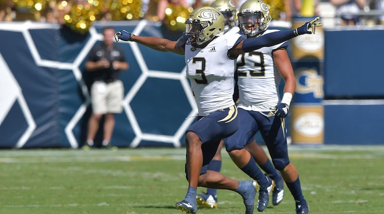 Georgia Tech defensive back Tre Swilling (3) celebratesat Bobby Dodd Stadium on October 13, 2018. HYOSUB SHIN / HSHIN@AJC.COM