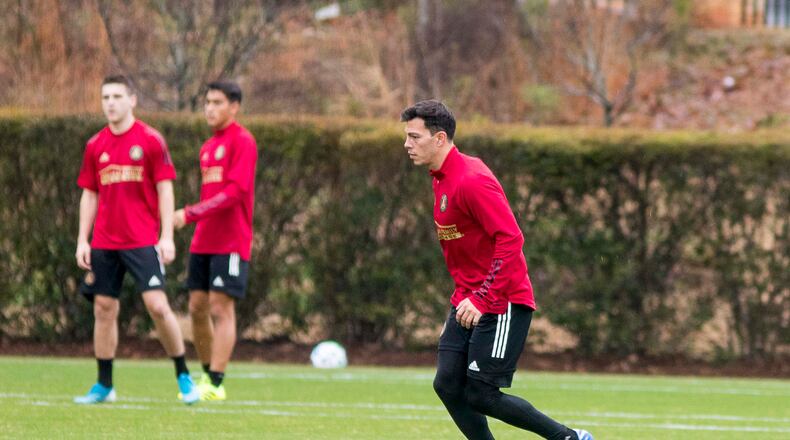 01/13/2019 -- Marietta, Georgia -- Atlanta United defender Fernando Meza runs drills at the team's training facility during training at the Children's Healthcare of Atlanta Training Ground, Monday, January 13, 2020. (ALYSSA POINTER/ALYSSA.POINTER@AJC.COM)